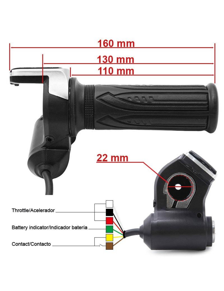 Acelerador de puño con indicador de batería (36V) y llave - Conector SM
